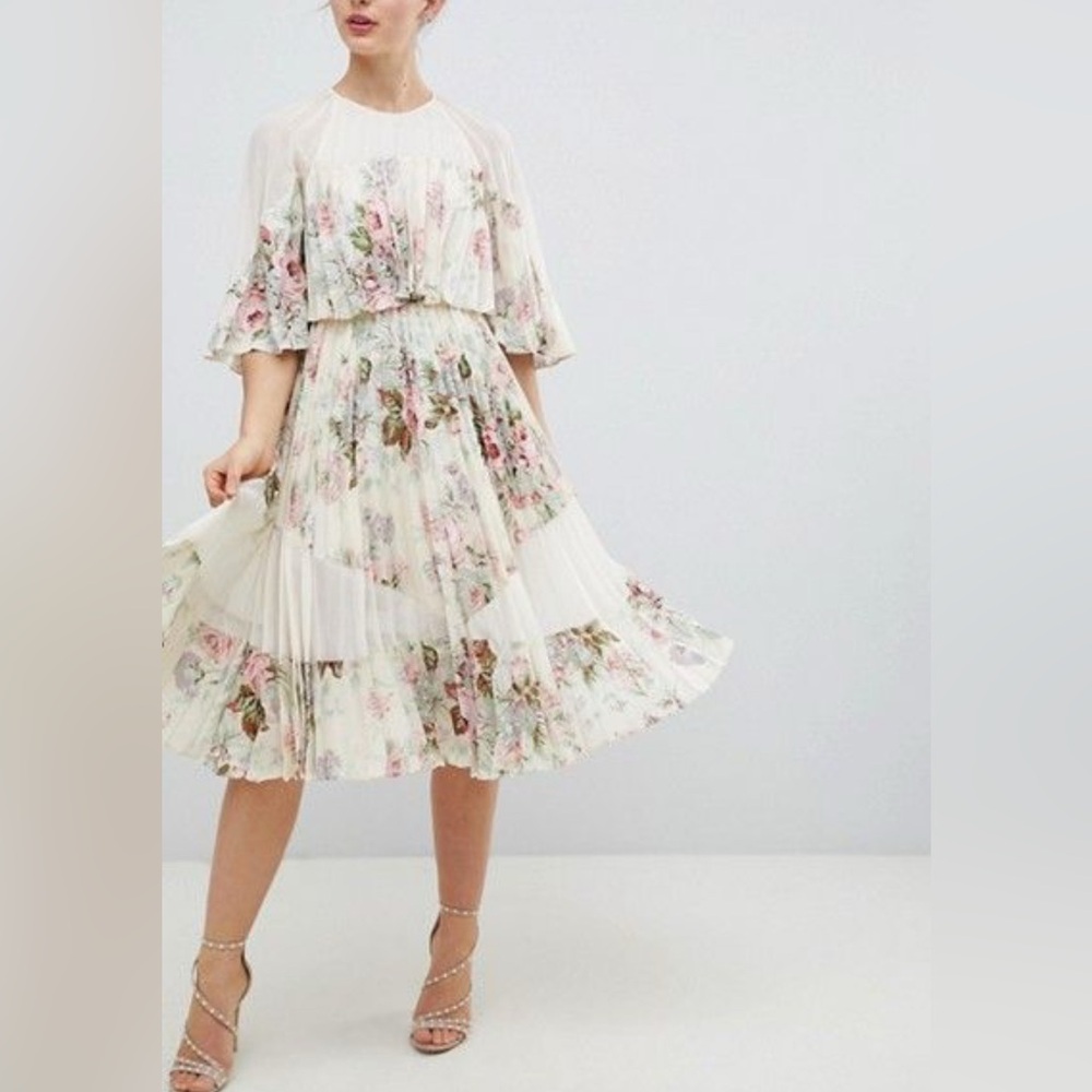 ASOS Cream Floral Pleated Cape Shoulder Sheer Midi Dress size 10